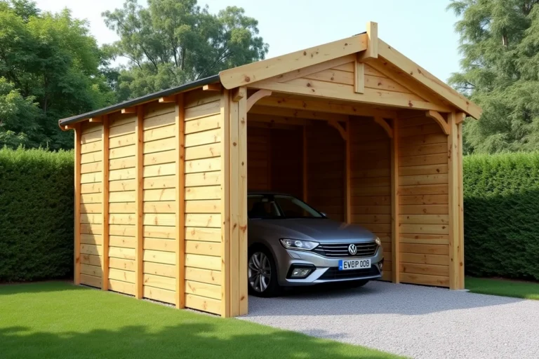 Abri voiture en bois de qualité installé dans un jardin résidentiel avec allée en gravier