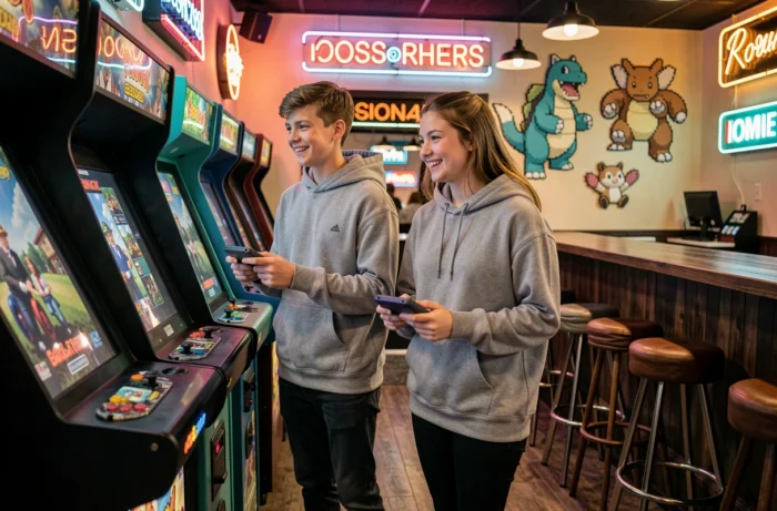 Deux adolescents jouant à des jeux Pokémon incluant des créatures en B dans un café gaming rétro décoré de pixel art