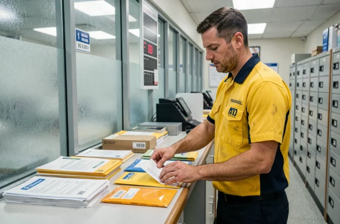 Agent postal triant des enveloppes et colis au guichet d'un bureau de poste