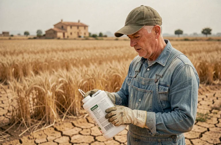Agriculteur espagnol lisant l'étiquette d'un herbicide Roundup dans un champ agricole aride