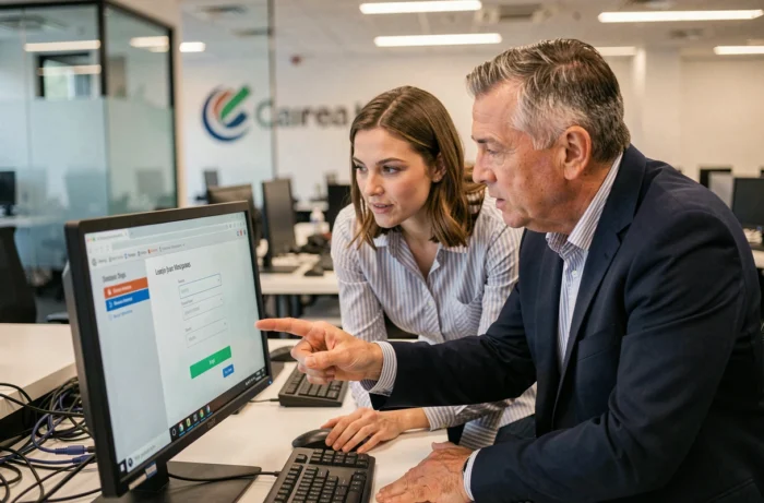 Deux collègues aidant à configurer la première connexion sur le portail Orchestra en open space