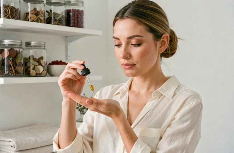 Femme appliquant de l'huile d'argan naturelle comme alternative à l'huile de jojoba dans sa routine beauté