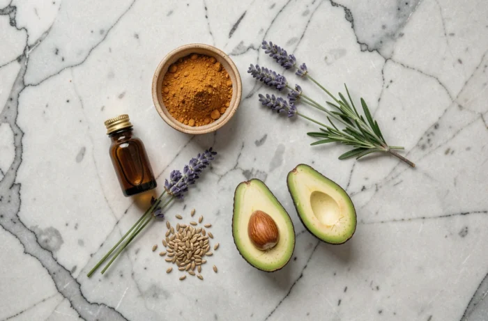 Composition à plat d'huiles naturelles et ingrédients botaniques comme alternatives naturelles à l'huile de jojoba