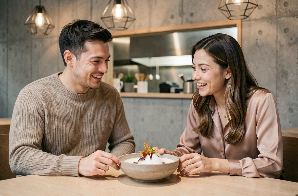 Deux amis découvrant une assiette de menu dégustation créative dans un restaurant gastronomique contemporain au décor minimaliste