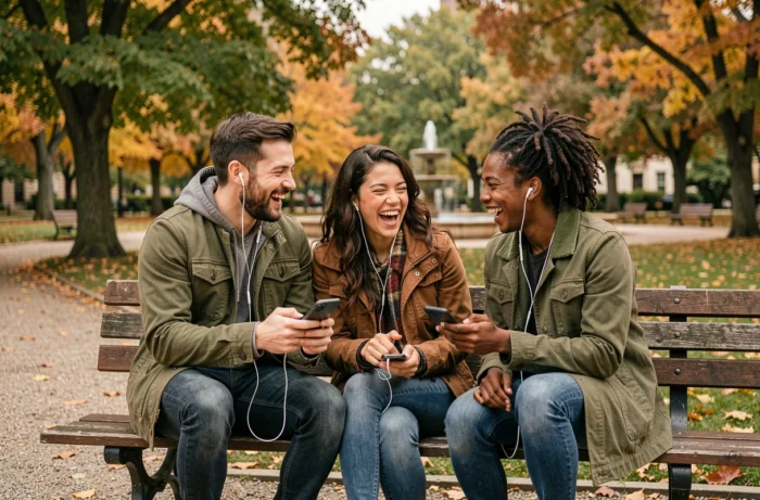 Groupe d'amis assis dans un parc partageant une playlist musicale motivante sur leur téléphone, riant ensemble en plein air