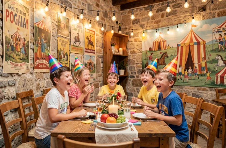 Groupe d'enfants fêtant un anniversaire dans un lieu insolite au décor de cirque vintage à Nice