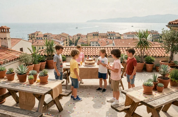 Fête d'anniversaire d'enfants sur un rooftop avec vue sur Nice et la Méditerranée