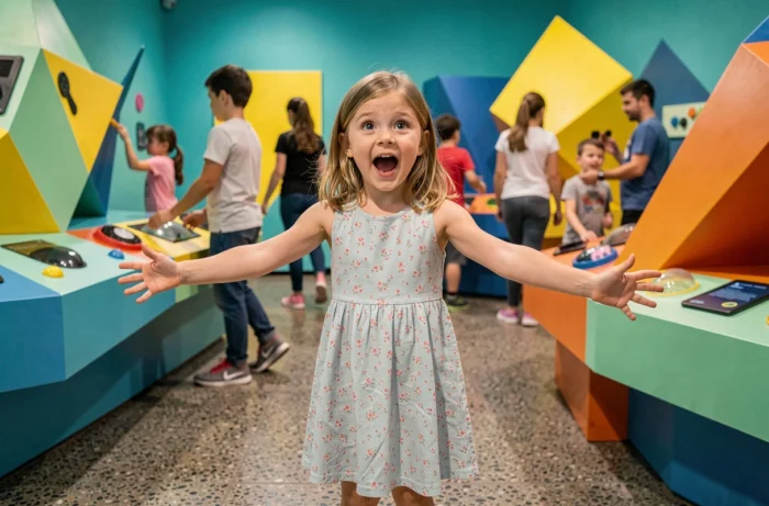Fillette émerveillée lors d'une fête d'anniversaire dans un musée interactif insolite à Nice