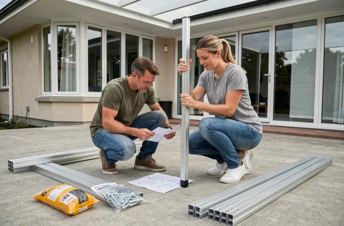 Couple assemblant un kit de pergola 5x4 sur une terrasse en béton avec notice de montage et pièces métalliques