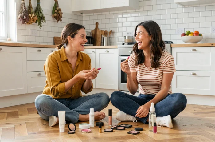 Deux amies testant des produits de maquillage et de soin assises sur le sol d'une cuisine moderne, partageant des astuces beauté dans une ambiance détendue
