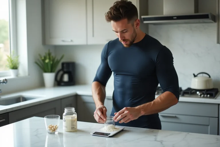 Athlète masculin préparant une dose de créatine et de probiotiques dans une cuisine moderne, optimisation des performances sportives