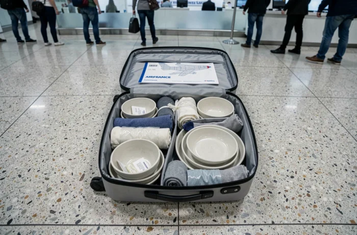 Bagage cabine ouvert avec de la vaisselle emballée prête pour un vol Air France