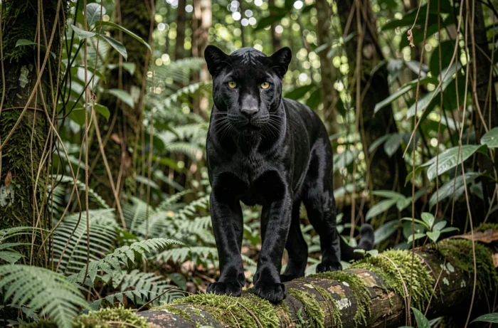 Panthère noire dans une jungle tropicale dense évoquant le personnage de Bagheera du Livre de la Jungle