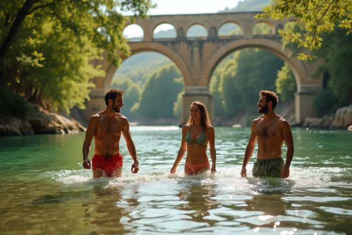 Groupe d'amis se baignant dans le Gardon avec le Pont du Gard en arrière-plan, baignade en plein air près de Nîmes