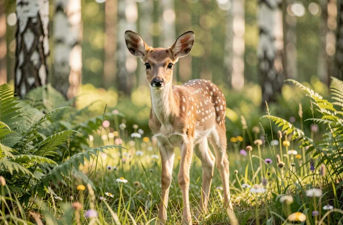 Faon aux taches blanches dans une clairière forestière entourée de fougères et de fleurs sauvages évoquant Bambi