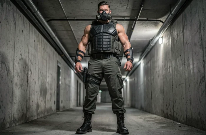 Cosplayeur massif en costume de Bane avec masque ventilateur dans un tunnel en béton souterrain
