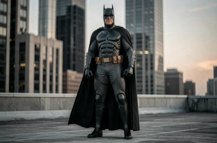 Cosplayeur en costume de Batman sur un toit urbain avec la skyline floue en arrière-plan
