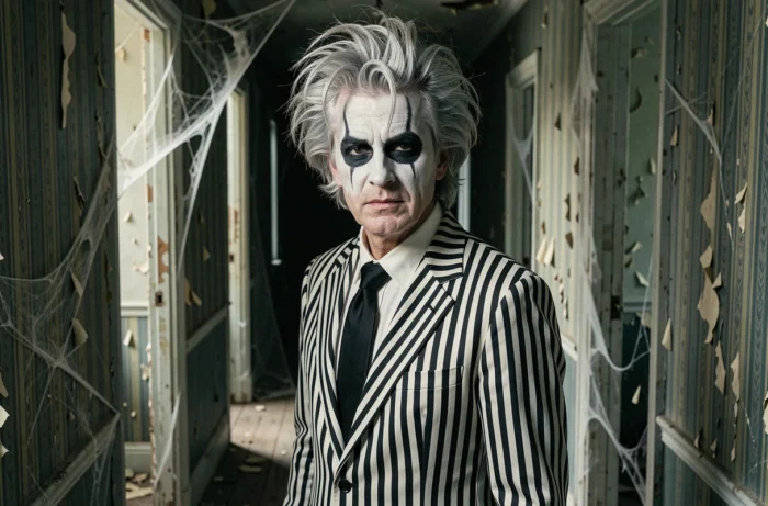 Performeur déguisé en Beetlejuice dans un couloir de maison hantée au papier peint rayé et décrépit