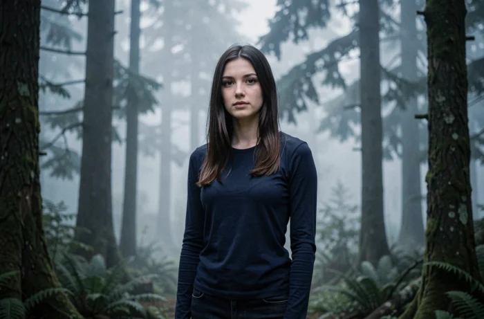 Jeune femme pâle aux cheveux bruns à la lisière d'une forêt brumeuse du nord-ouest du Pacifique évoquant Bella Swan