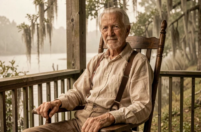 Vieil homme avec un visage ridé expressif sur un porche en bois donnant sur un bayou brumeux de Louisiane