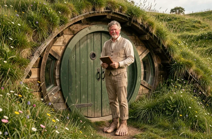 Homme habillé en Bilbon Sacquet avec pieds poilus devant une porte ronde de maison hobbit dans une colline verdoyante