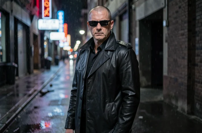 Cosplayeur en costume de Blade avec trench-coat noir sur une rue urbaine nocturne aux reflets néon sur le pavé mouillé
