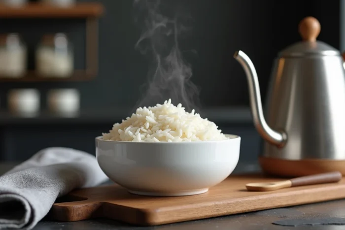 Gros plan d'un bol de riz blanc et d'une bouilloire en acier sur un plan de travail en ardoise, vapeur naturelle visible