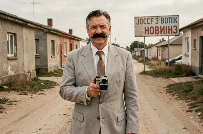 Homme en costume gris froissé avec moustache tenantune caméra dans un paysage rural d'Europe de l'Est évoquant Borat