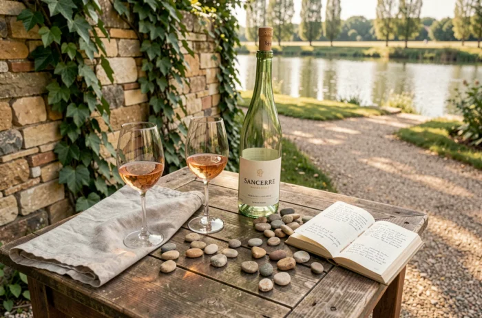 Bouteille de Sancerre et verres de vin sur une table en bois dans un jardin au bord de la Loire