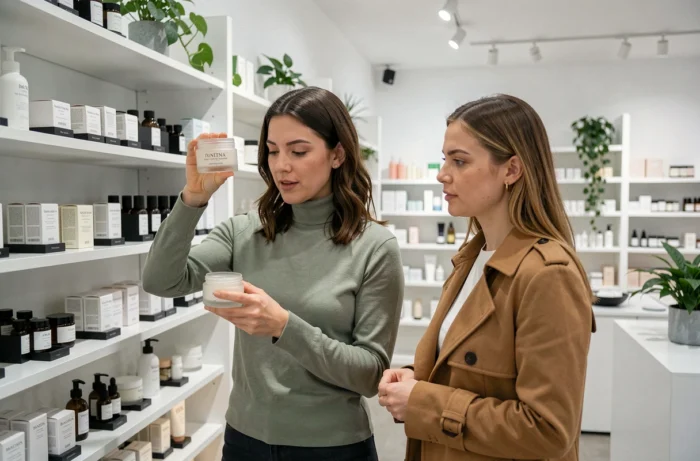 Deux femmes découvrant des produits de soins dans une boutique beauté minimaliste, tendances cosmétiques et skincare
