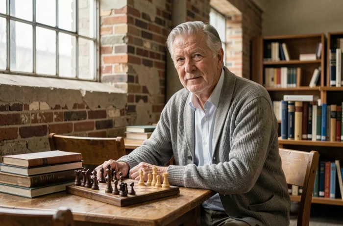 Vieil homme bienveillant assis dans une bibliothèque de prison aux murs en briques avec livres et échiquier évoquant Brooks Hatlen
