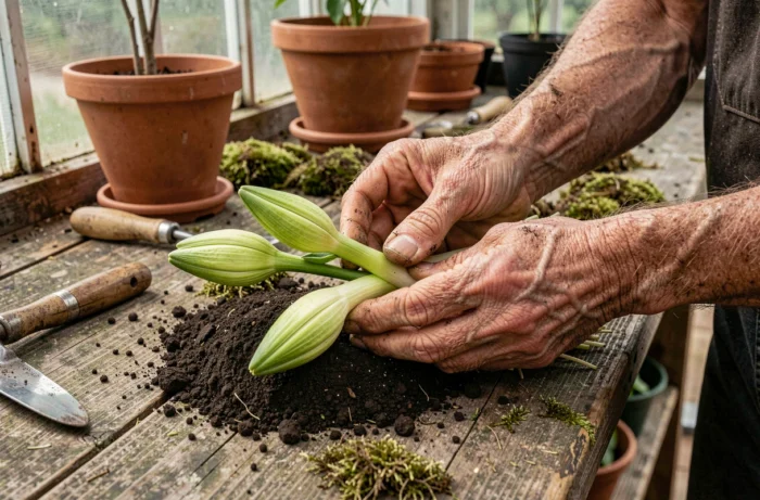 Bulbes de lys extraits du sol posés sur un établi de jardinier en bois avec des outils de jardinage