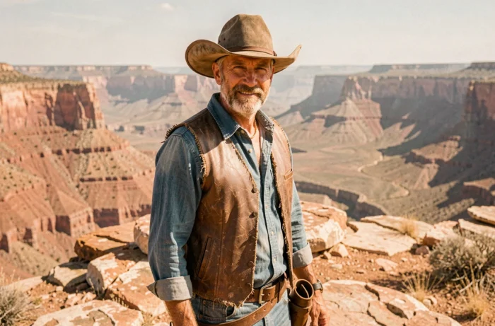 Cow-boy au chapeau poussiéreux et gilet en cuir usé devant un paysage de canyon aride évoquant Butch Cassidy