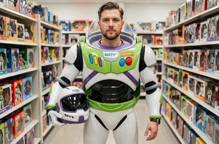 Cosplayeur en costume de Buzz l'Éclair dans un rayon de magasin de jouets aux étagères colorées floues