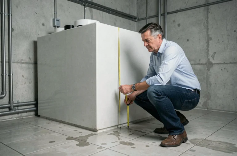 Homme mesurant les dimensions d'un réservoir d'eau pour calculer son volume en litres