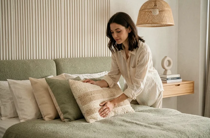 Femme arrangeant des coussins sur un lit en bouclé vert sauge dans une chambre décorée avec style contemporain