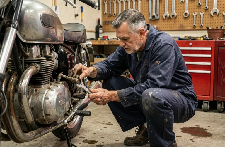 Mécanicien changeant un robinet d'essence sur une moto vintage dans un atelier de garage