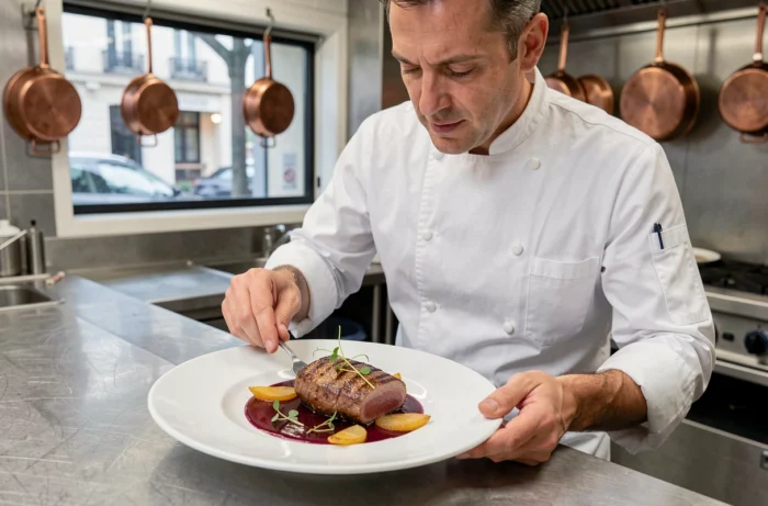 Chef cuisinier parisien en train de dresser un plat gastronomique de canard laqué avec réduction au vin rouge dans une cuisine de restaurant étoilé