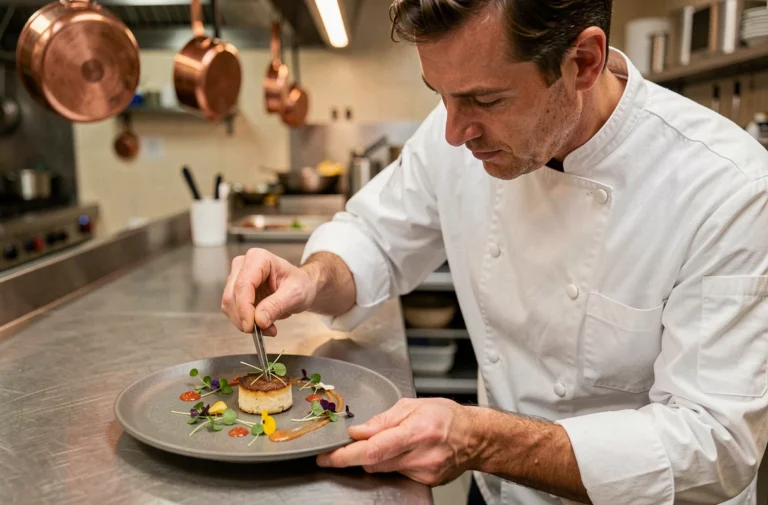Chef professionnel dressant une assiette gastronomique moderne avec des fleurs comestibles et des sauces artistiques dans une cuisine ouverte