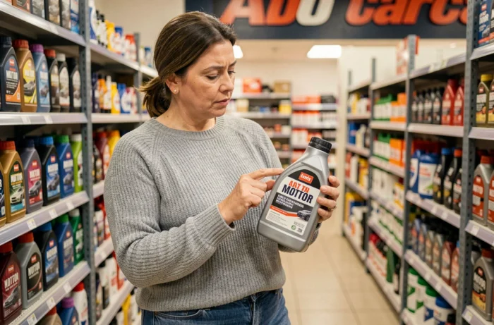 Femme comparant des huiles moteur dans un magasin de pièces automobiles pour choisir le bon lubrifiant