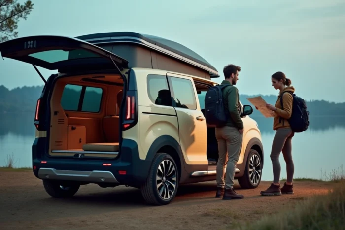Couple chargeant un Citroën Campster au bord d'un lac lors d'un voyage en van aménagé pour l'aventure outdoor