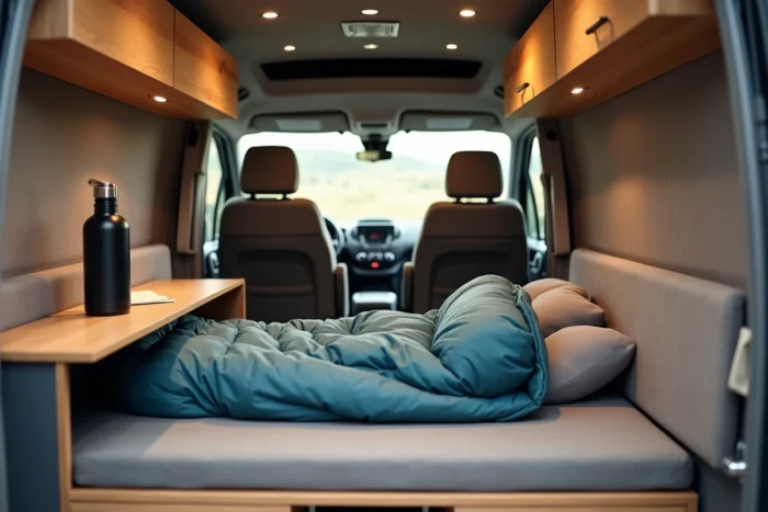 Intérieur modulable du Citroën Campster aménagé en espace de couchage avec lit plat et rangements intégrés