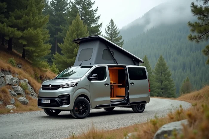 Citroën Campster garé en montagne avec porte latérale ouverte révélant l'aménagement intérieur modulable pour le camping