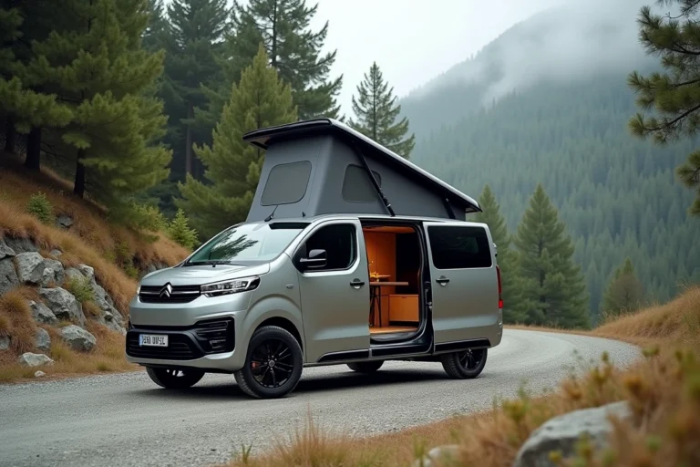 Citroën Campster garé en montagne avec porte latérale ouverte révélant l'aménagement intérieur modulable pour le camping