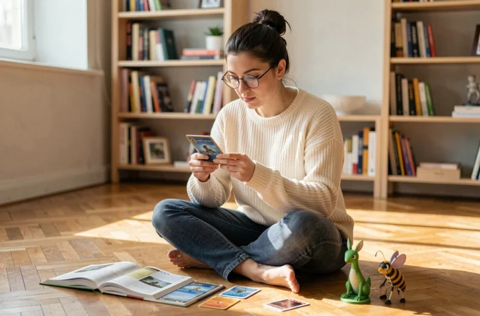 Femme passionnée de Pokémon étudiant des cartes à jouer et des figurines de Pokémon en B dans un salon chaleureux