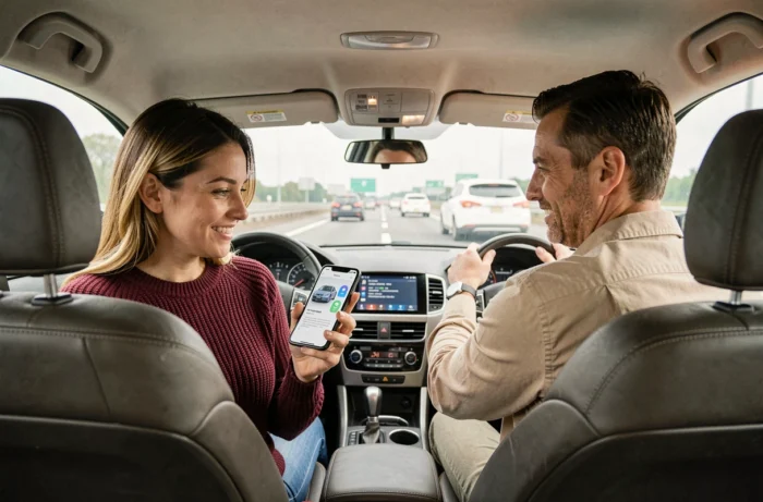 Deux collègues pratiquant le covoiturage quotidien grâce à l'application Karos pendant un trajet domicile-travail sur autoroute