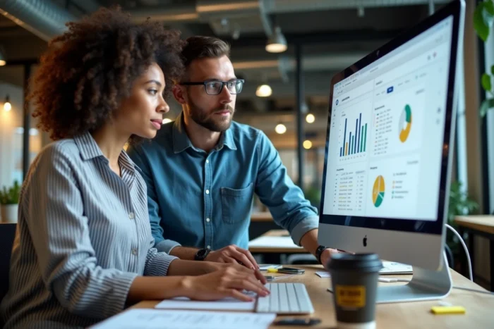 Deux collègues collaborant sur une stratégie de revenus en ligne dans un espace de coworking