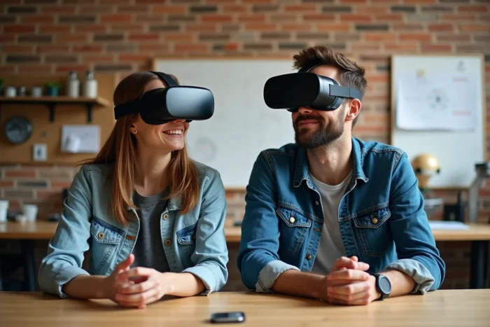 Deux collègues testant des casques de réalité augmentée dans un laboratoire créatif de startup technologique
