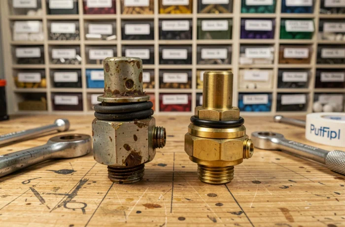 Comparaison entre un ancien robinet d'essence usé et un nouveau robinet neuf sur un établi de mécanicien