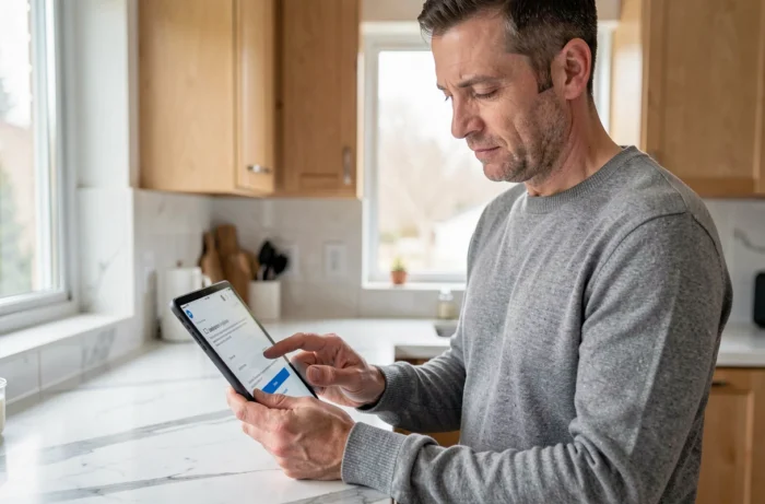 Homme utilisant une tablette pour se connecter au portail Orchestra dans sa cuisine